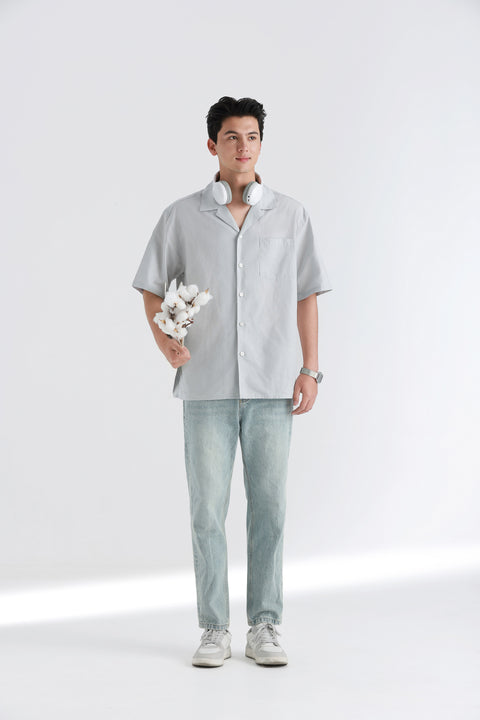 Cotton-linen-lyocell Short Sleeve Casual Shirt | Pale Grey 8639NZ