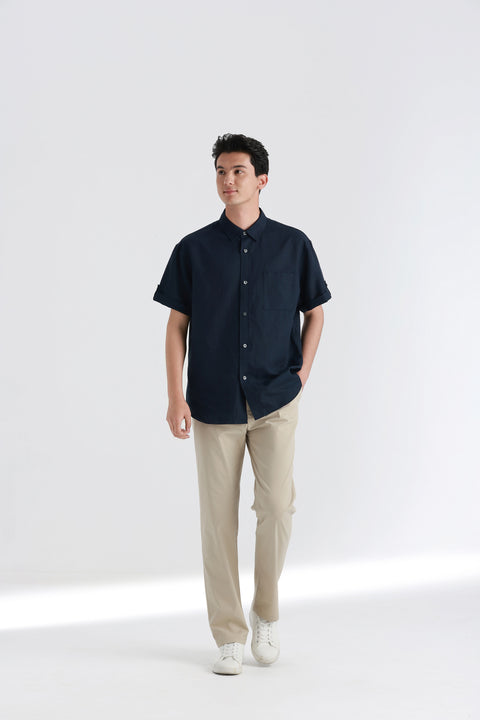 Cotton-linen Short Sleeve Casual Shirt | Navy 16168N