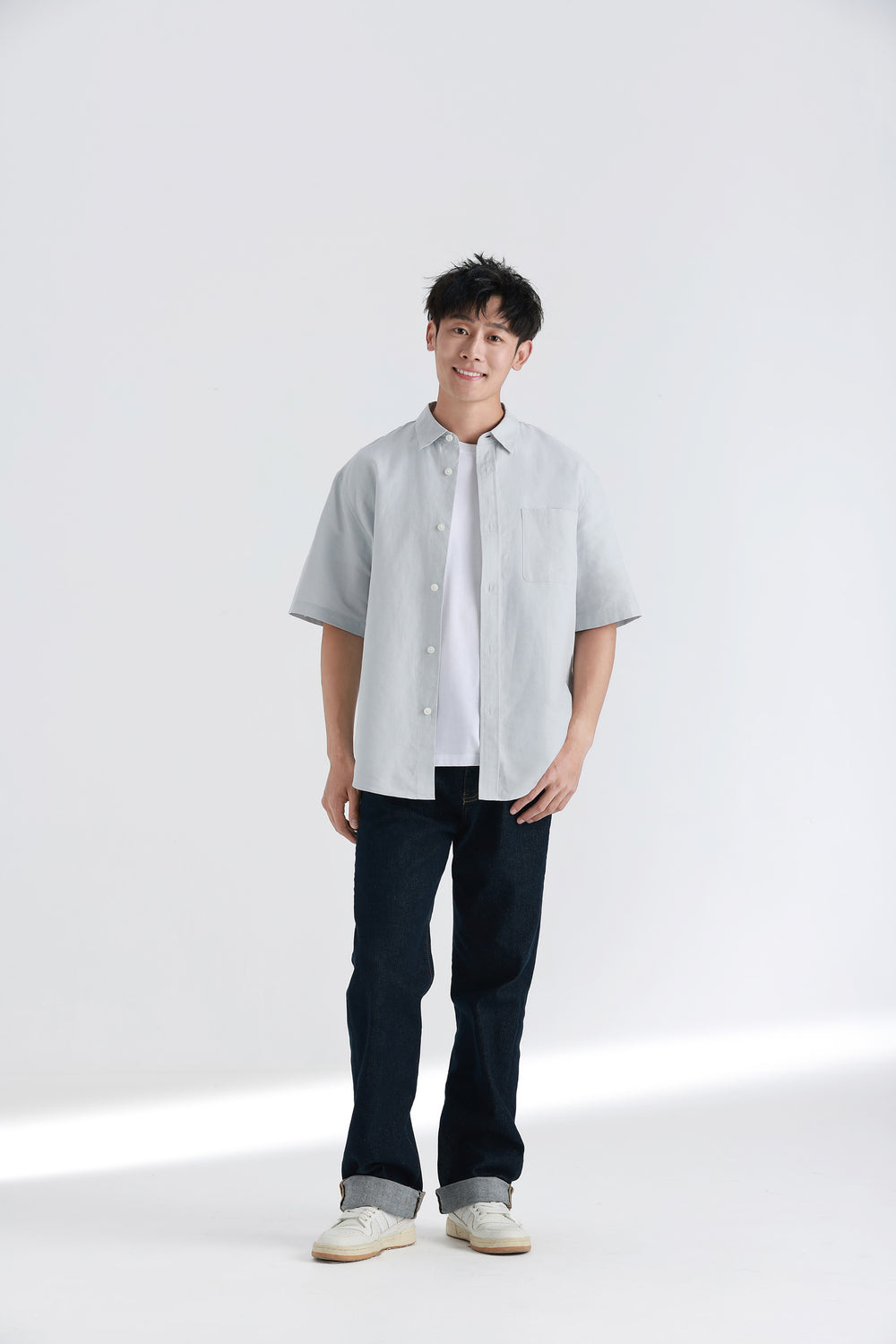 Cotton-linen Short Sleeve Casual Shirt | Pale Grey 17423N