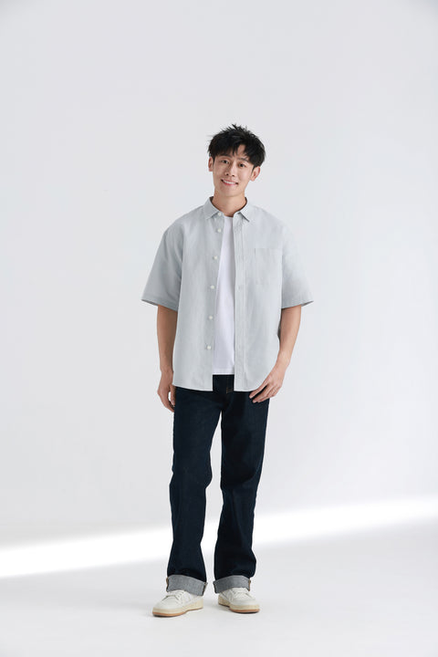 Cotton-linen Short Sleeve Casual Shirt | Pale Grey 17423N