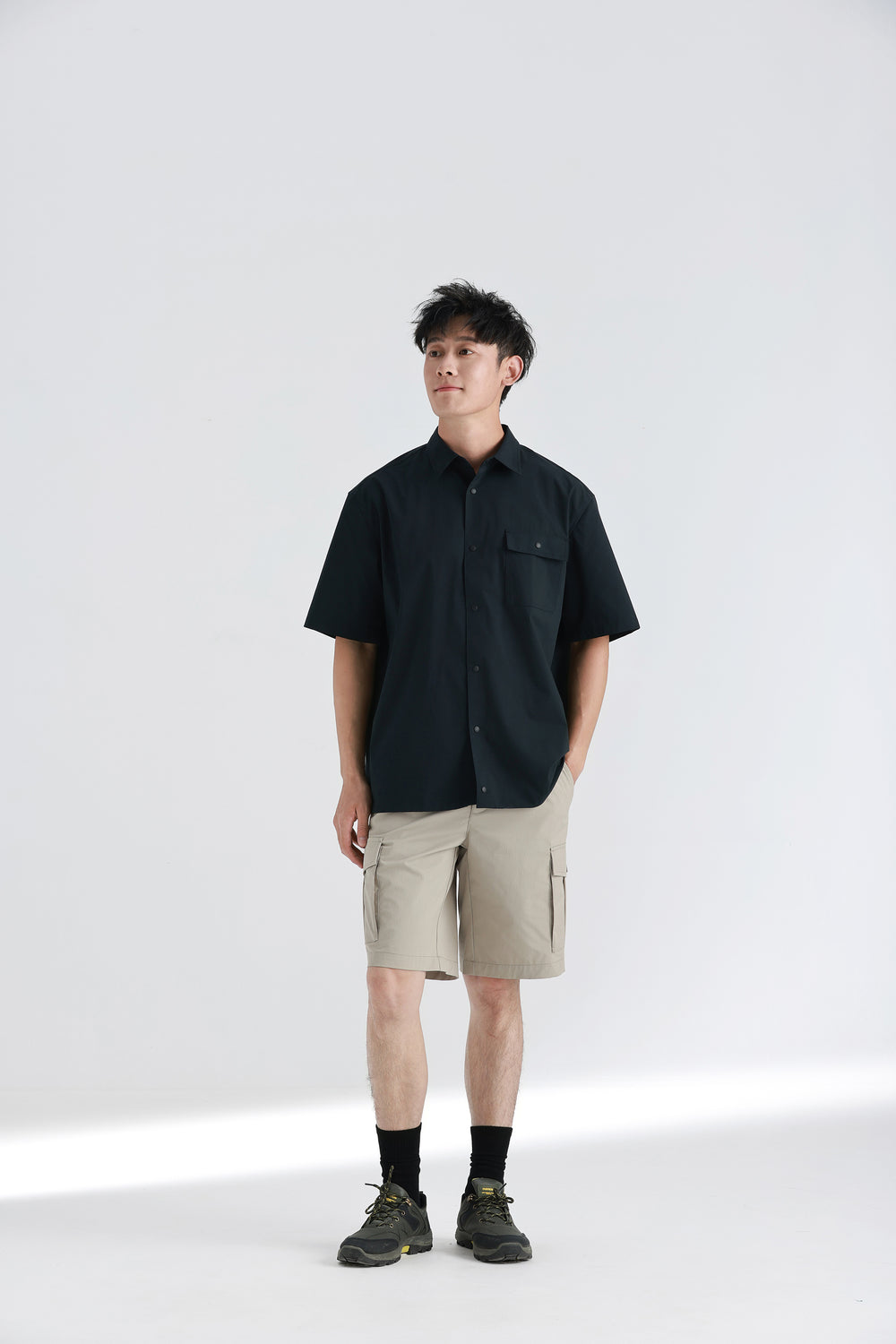 Cotton-Solotex Drawstring Short Sleeve Casual Shirt | Black BKFD01