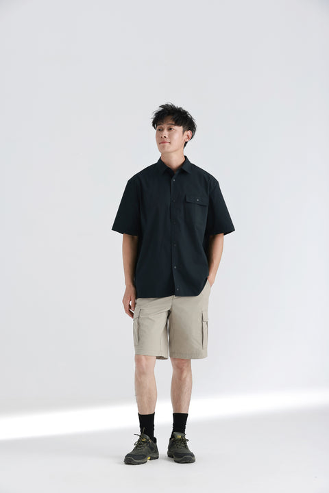 Cotton-Solotex Drawstring Short Sleeve Casual Shirt | Black BKFD01