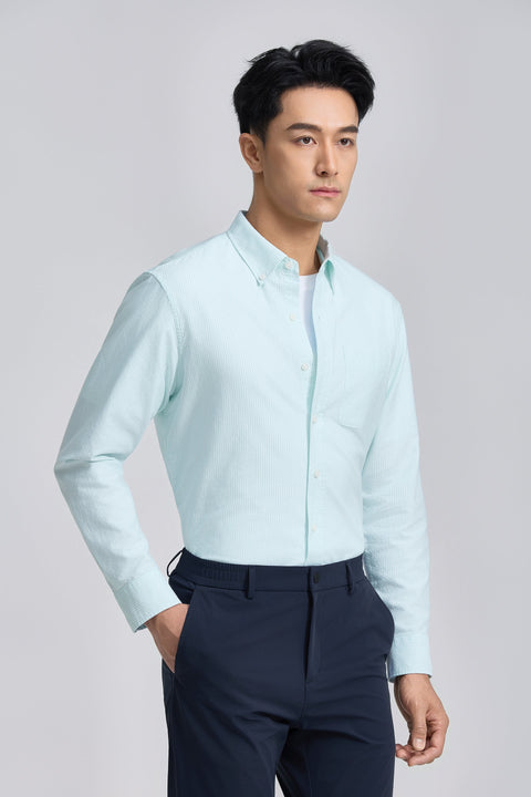 Soft Oxford Button-Down Casual Shirt | Iced Aqua Stripes 25475N