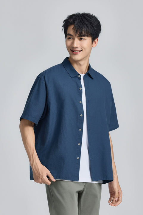 Cotton-Linen Short Sleeve Casual Shirt | Ensign Blue 25485N