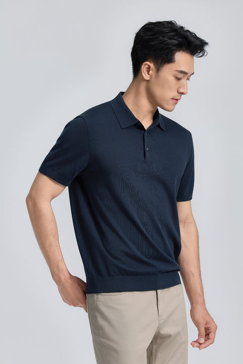 Flat-Knit Three-Button Sweater Polo | Navy 14036N