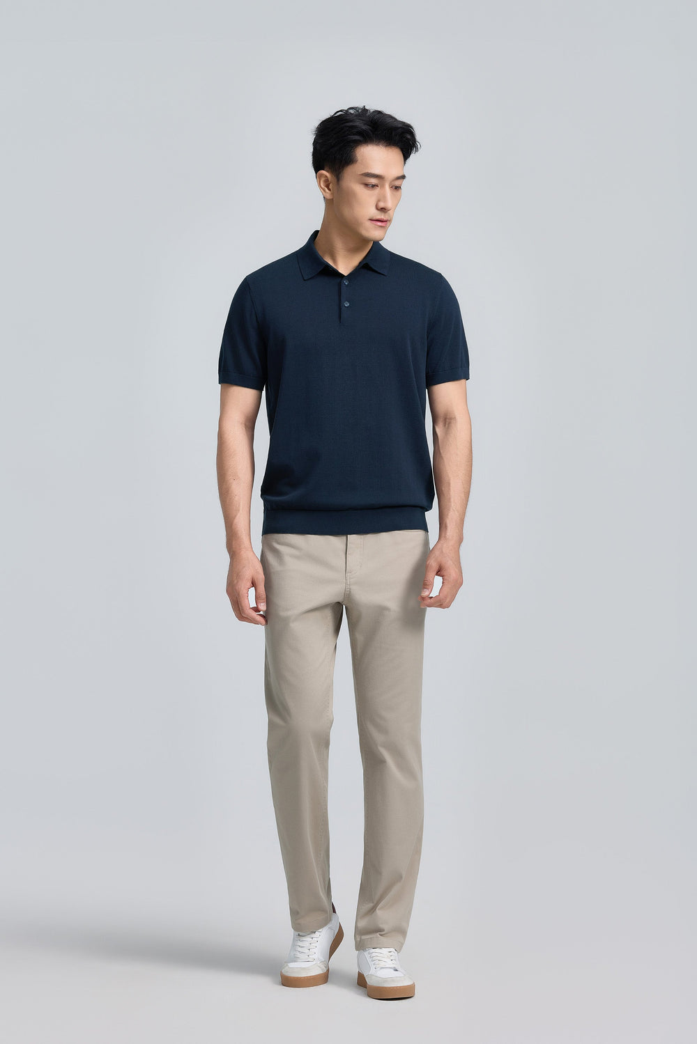 Flat-Knit Three-Button Sweater Polo | Navy 14036N