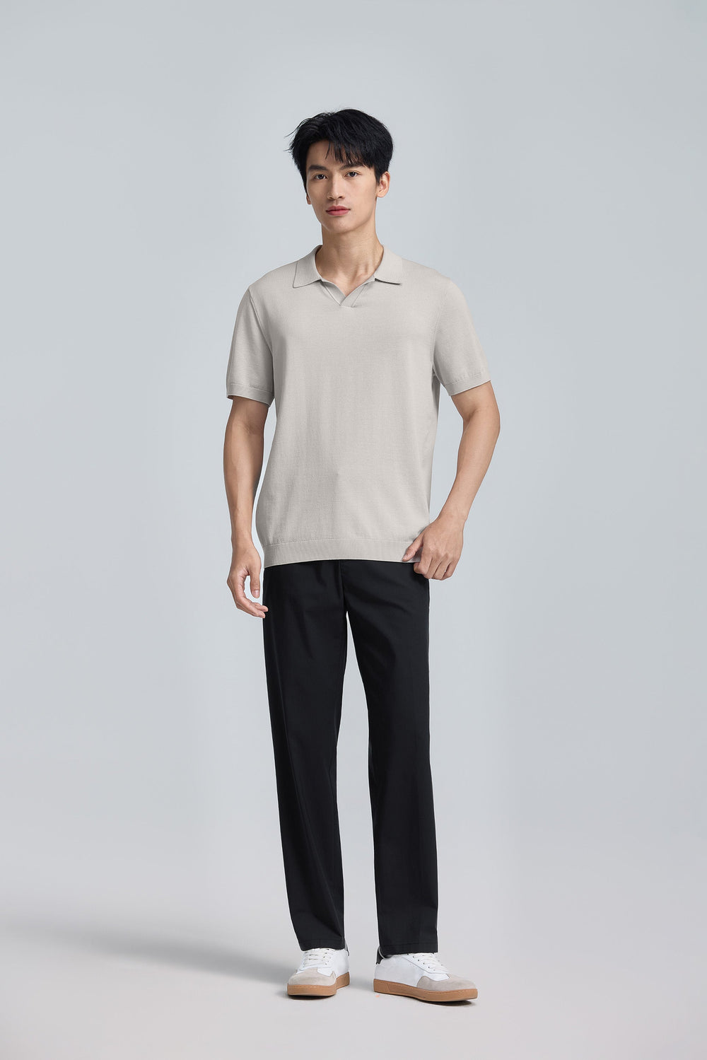 Flat-Knit Buttonless Sweater Polo | Silver Grey PT1400