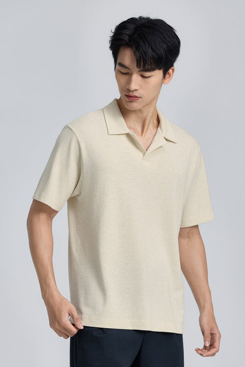 Cotton-Hemp Camp Collar Polo | Heather Light Khaki EQ4025