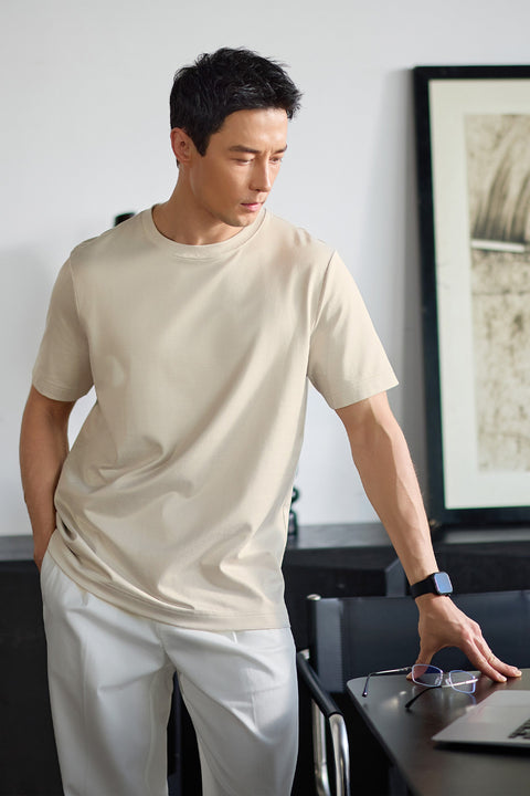 Cotton-Silk Crew Neck Slim Fit T-Shirt | Light Beige WMGR1U
