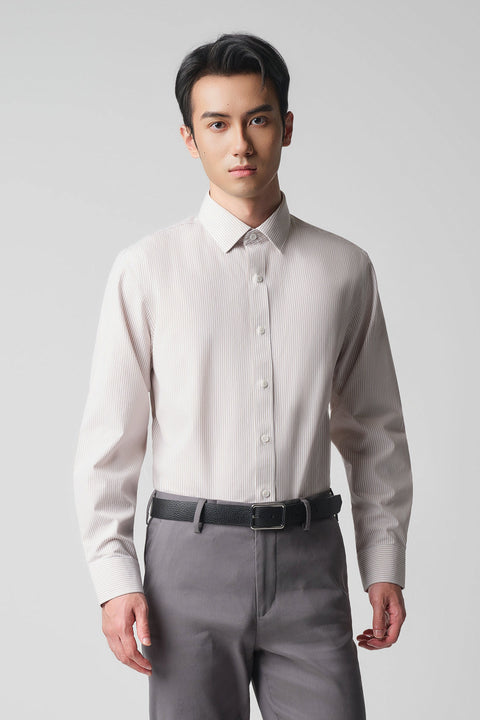 Wrinkle-Free Poplin Dress Shirt | Light Khaki Stripes 12957N