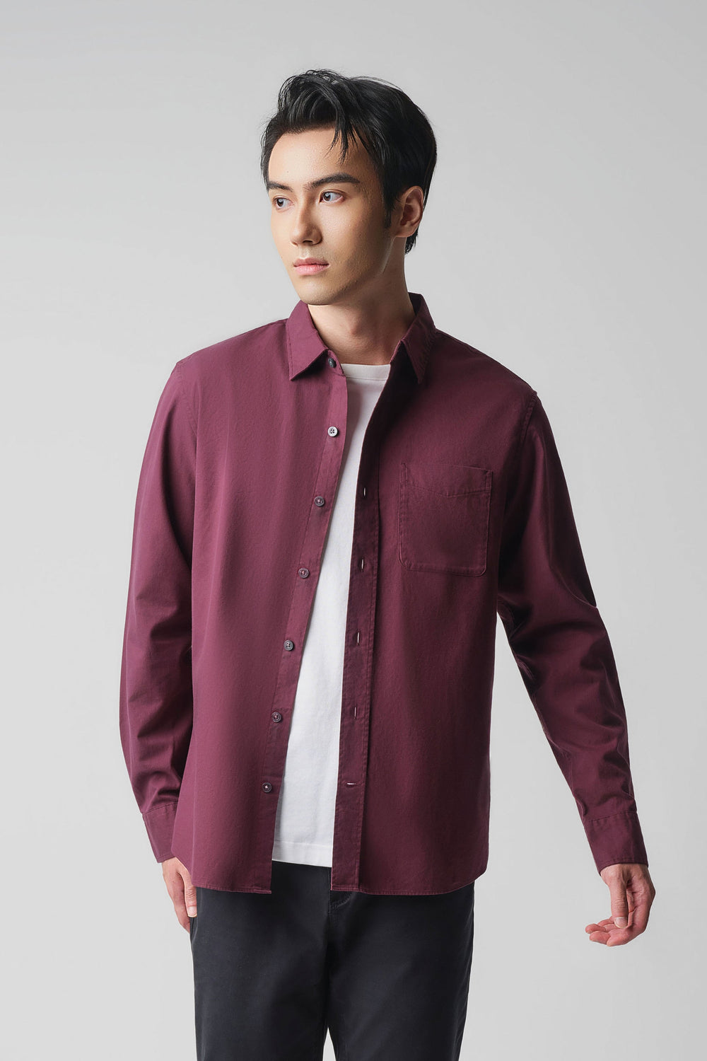 Soft Twill Point Collar Casual Shirt | Plum Burgundy 14460N