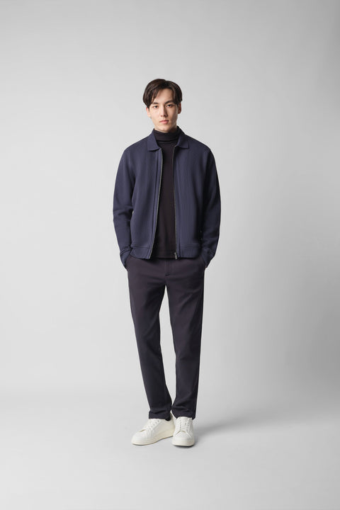 Cotton Yak Ribbed Jacquard Full-Zip Jacket | Navy EB1244