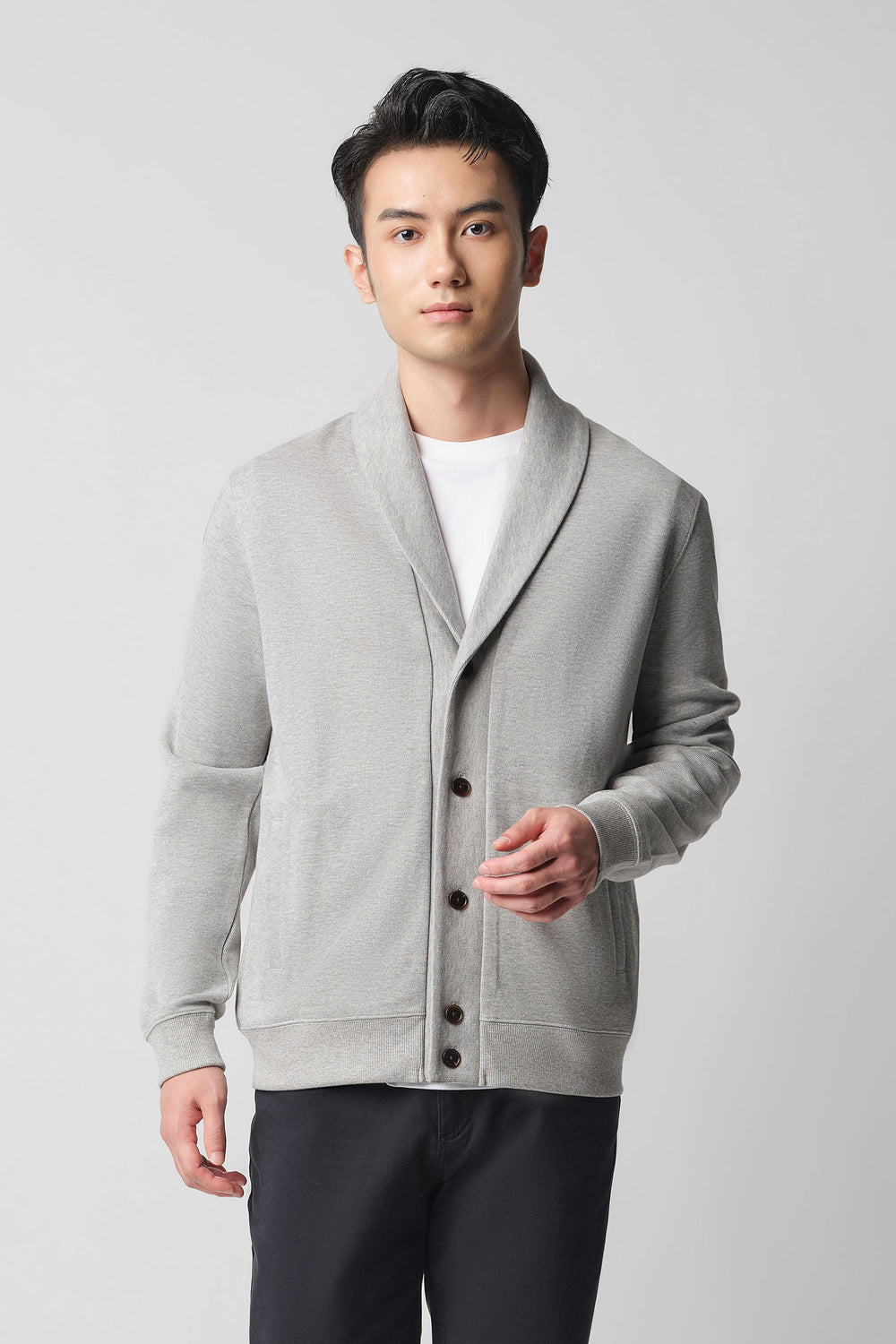 Merino-Blend French Rib Shawl Collar Cardigan | Grey EBC054