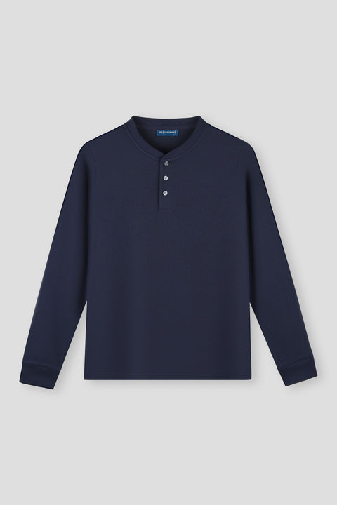 Waffle Henley Long Sleeve T-Shirt | Navy NNY096