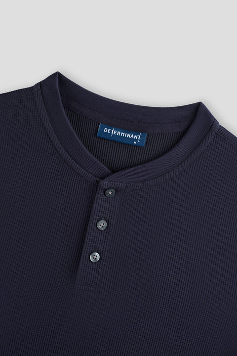Waffle Henley Long Sleeve T-Shirt | Navy NNY096