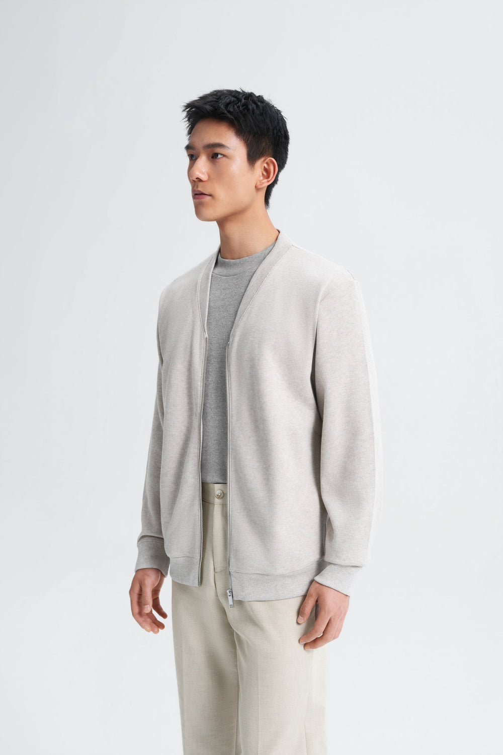 Cotton Yak Ribbed Jacquard Zipped Cardigan | Light Khaki E4Y189