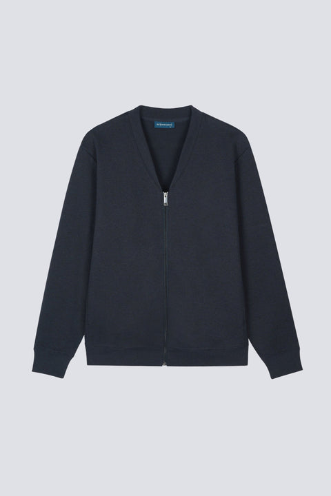 Cotton Yak Ribbed Jacquard Zipped Cardigan  | Navy EB1244