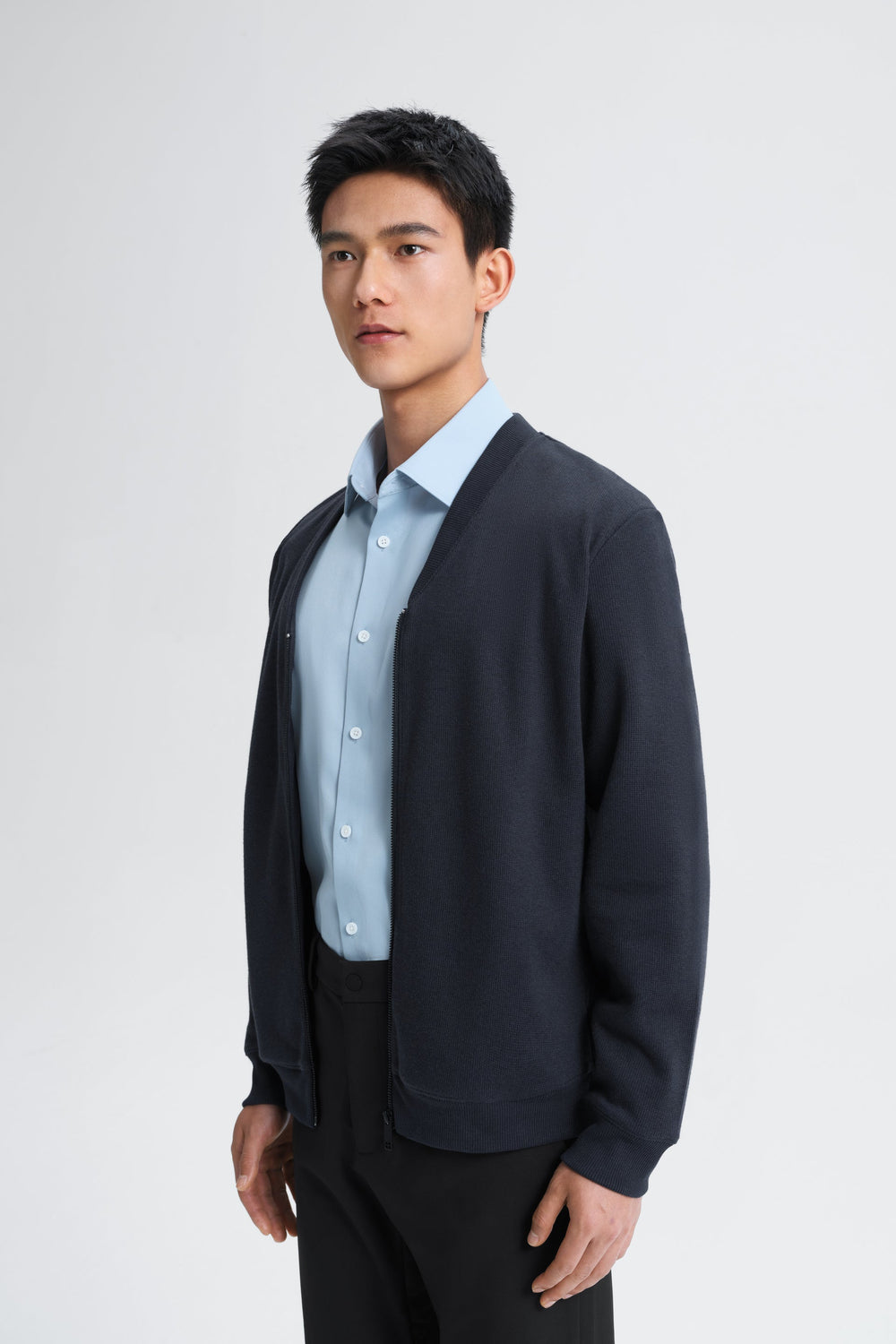 Cotton Yak Ribbed Jacquard Zipped Cardigan  | Navy EB1244