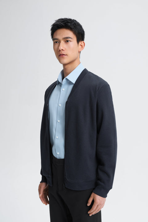 Cotton Yak Ribbed Jacquard Zipped Cardigan  | Navy EB1244