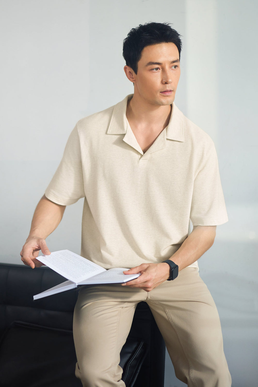 Cotton-Hemp Camp Collar Polo | Heather Light Khaki EQ4025