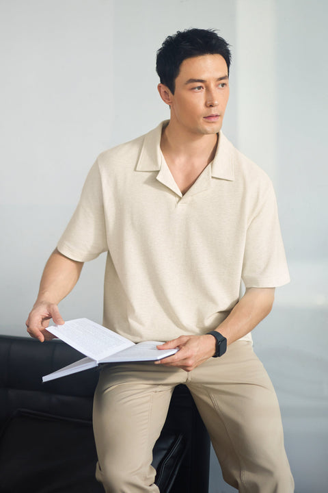 Cotton-Hemp Camp Collar Polo | Heather Light Khaki EQ4025