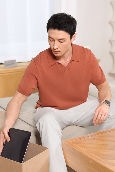 Flat-Knit Buttonless Sweater Polo | Orange Rust PT1447